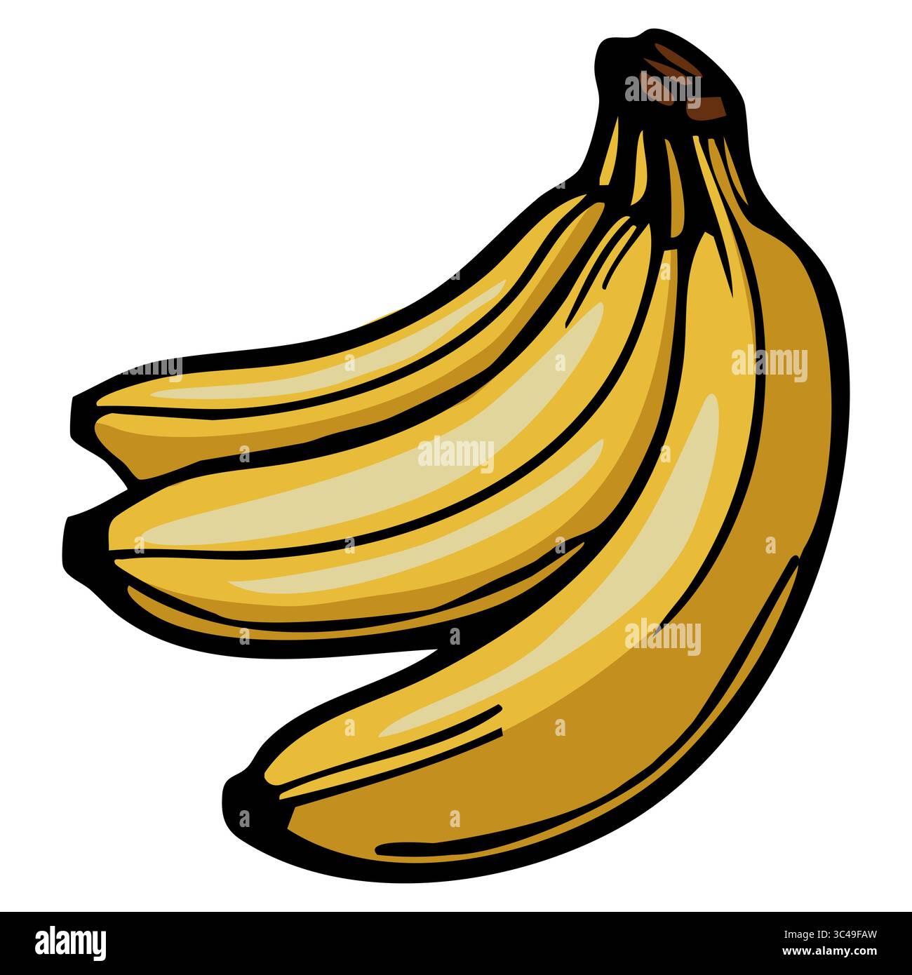 Un gruppo vettoriale di tre banane mature con una buccia gialla brillante, illustrata in stile cartoni animati. Illustrazione Vettoriale