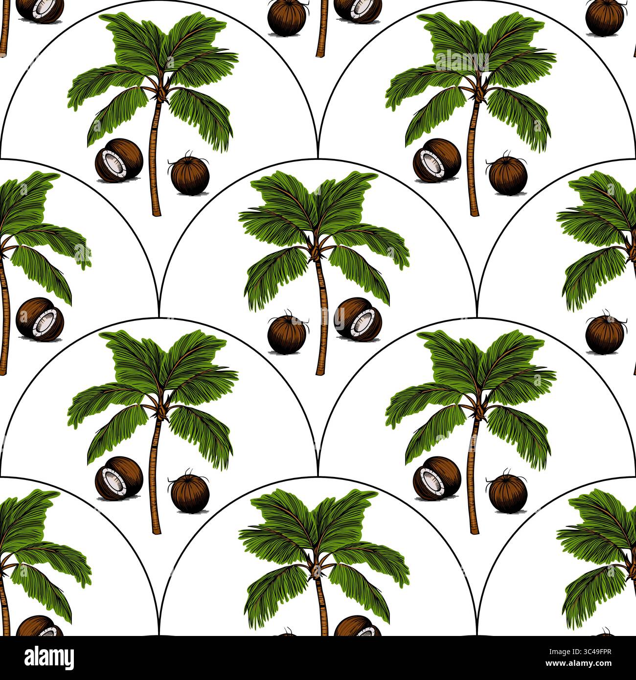 Un motivo vettoriale senza cuciture caratterizzato da palme e noci di cocco su sfondo bianco. Le palme sono lussureggianti e verdi, mentre le noci di cocco sono marroni e. Illustrazione Vettoriale
