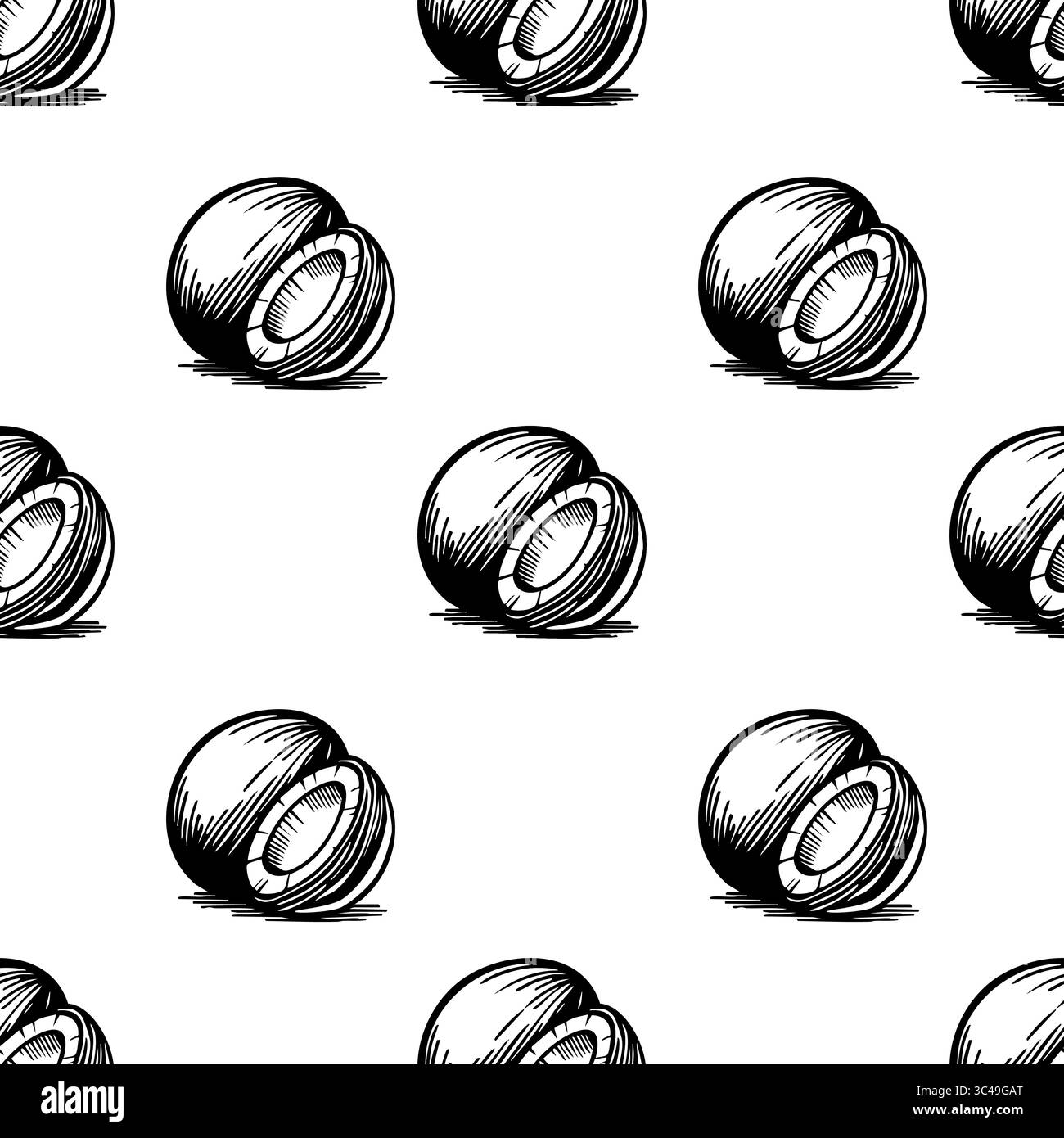Un motivo vettoriale senza cuciture di cocco disegnato a mano in bianco e nero. Le noci di cocco sono raffigurate in vari orientamenti, mostrando la loro forma rotonda e. Illustrazione Vettoriale
