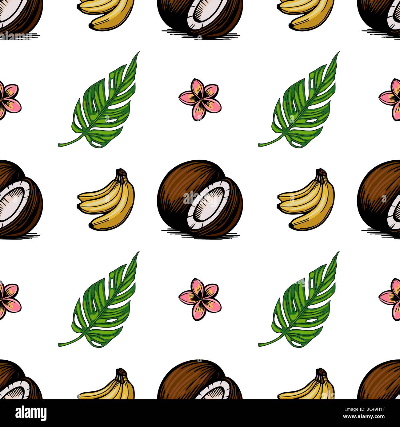 Un motivo vettoriale senza cuciture con illustrazioni disegnate a mano di noci di cocco, banane, foglie tropicali e fiori rosa plumeria su sfondo bianco. Illustrazione Vettoriale