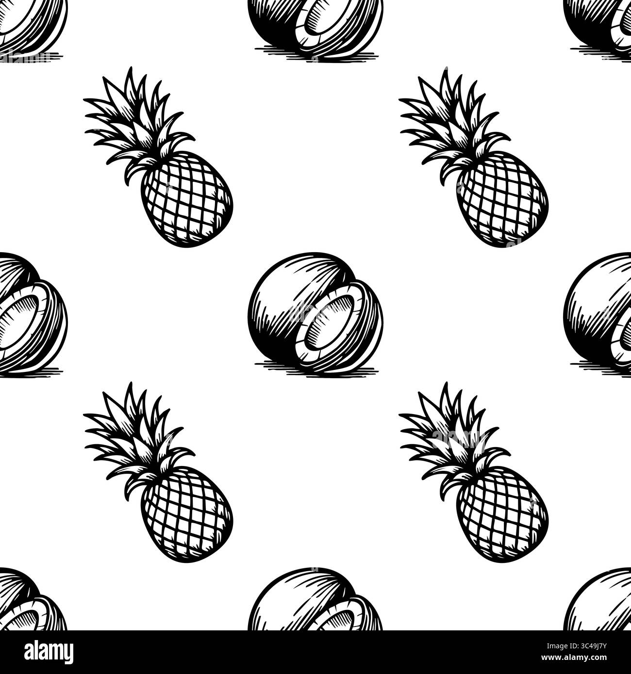 Un motivo vettoriale senza cuciture con ananas e cocco disegnati a mano su sfondo bianco. Il design è divertente e adatto per tessuti o wallpa Illustrazione Vettoriale