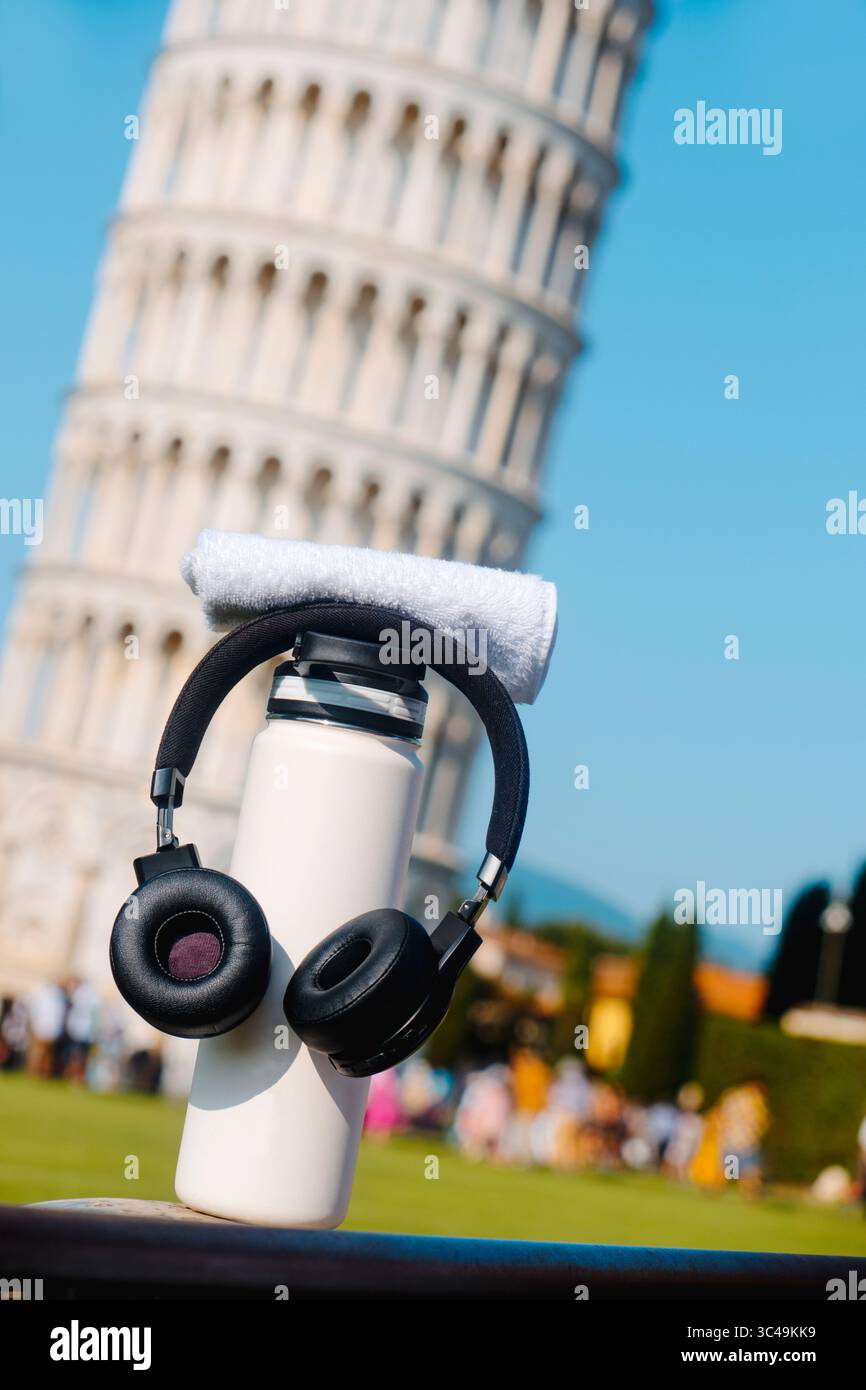 Un biberon bianco riutilizzabile con un asciugamano sulla parte superiore e un paio di cuffie nere appese intorno ad esso si trova su una ringhiera con la Torre Pendente di Pisa visibile Foto Stock