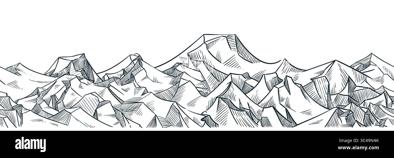 Sfondo orizzontale senza interruzioni con picco di montagna. Illustrazione orizzontale dello schizzo disegnato a mano vettoriale. Elementi di design per viaggi, natura, avventura, pac Illustrazione Vettoriale