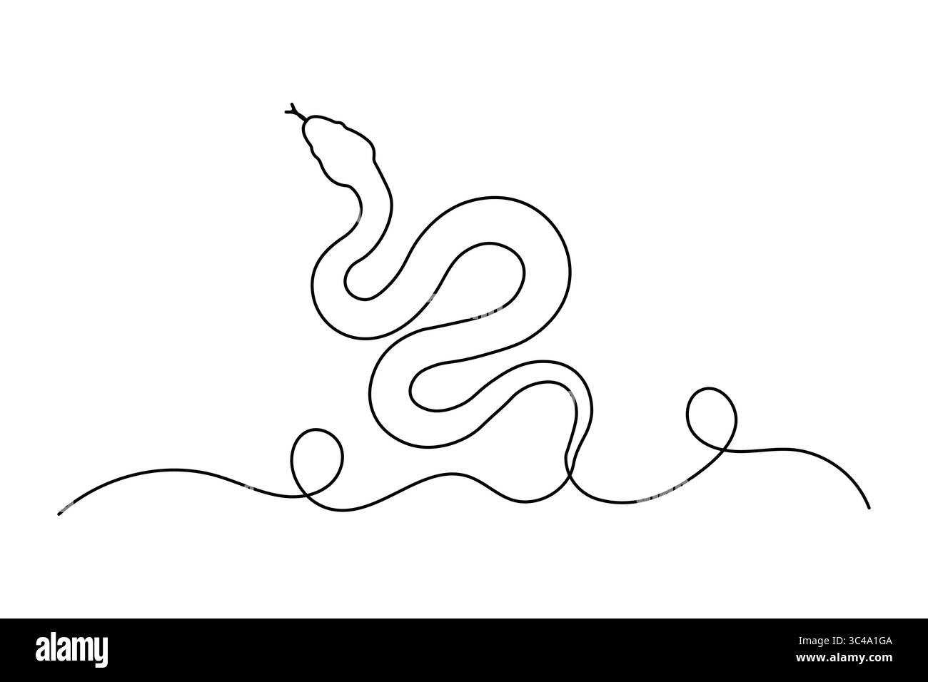 Disegno nero a linee continue di serpente su sfondo bianco in stile moderno Illustrazione Vettoriale