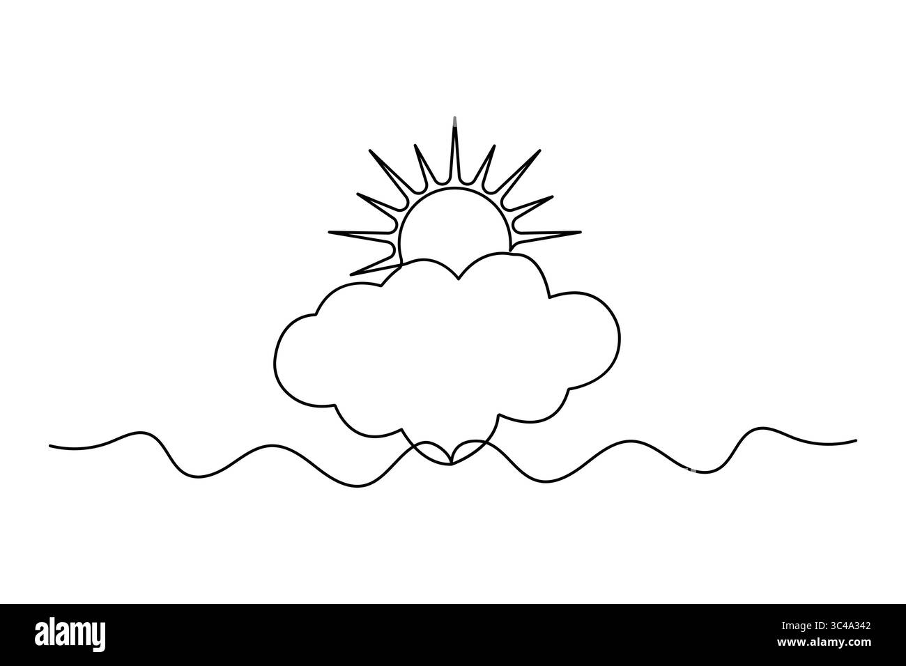 Icona minimalista del tramonto grafica su una linea semplice design isolato Illustrazione Vettoriale