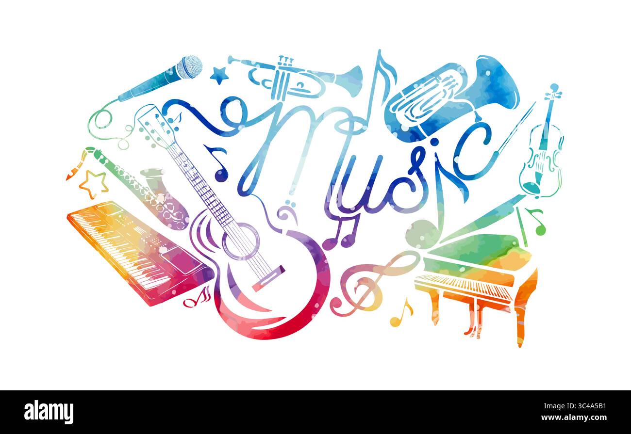 Musica astratta colorata. Molti strumenti musicali. disegnato a mano. Non ai, illustrazione vettoriale Illustrazione Vettoriale
