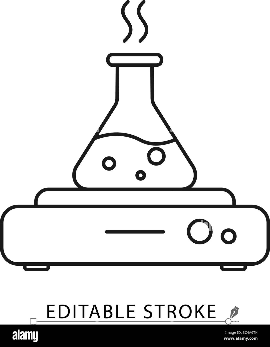 Icona matraccio riscaldato con corsa modificabile. Piastra riscaldante da laboratorio con vettoriale del contorno del matraccio di ebollizione. Apparecchiature per esperimenti di laboratorio, reazione chimica Illustrazione Vettoriale