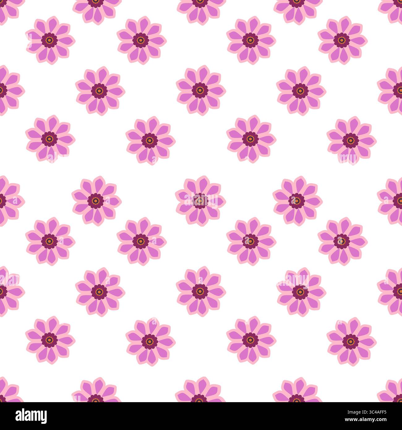 Un motivo vettoriale senza cuciture caratterizzato da fiori rosa con centri marroni su sfondo bianco. I fiori sono distanziati uniformemente, creando un allegro e vibr Illustrazione Vettoriale