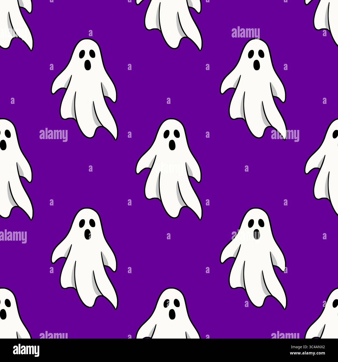 Motivo vettoriale senza cuciture di simpatici fantasmi cartoni animati su uno sfondo viola vivace, perfetto per disegni a tema Halloween e celebrazioni spaventose. Illustrazione Vettoriale