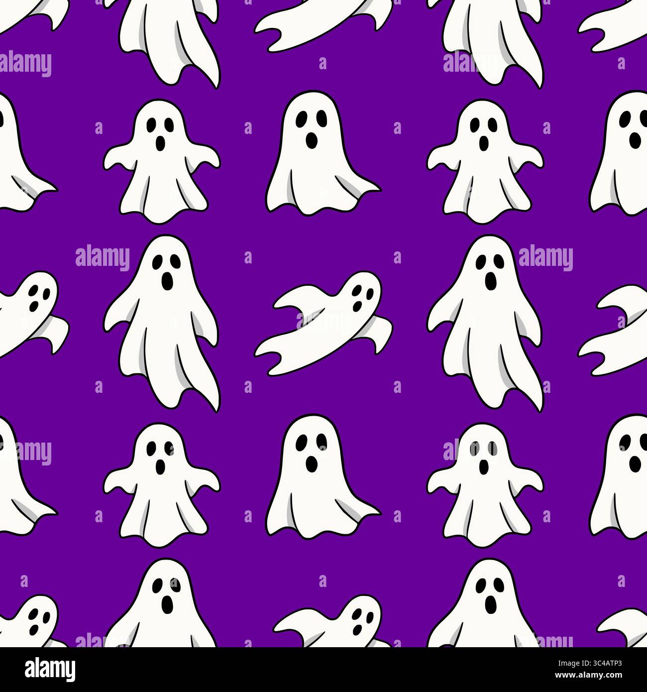 Fantasia vettoriale di Halloween con divertenti fantasmi cartoni animati su uno sfondo viola vibrante, con varie pose fantasma per un look spettrale ma divertente Illustrazione Vettoriale