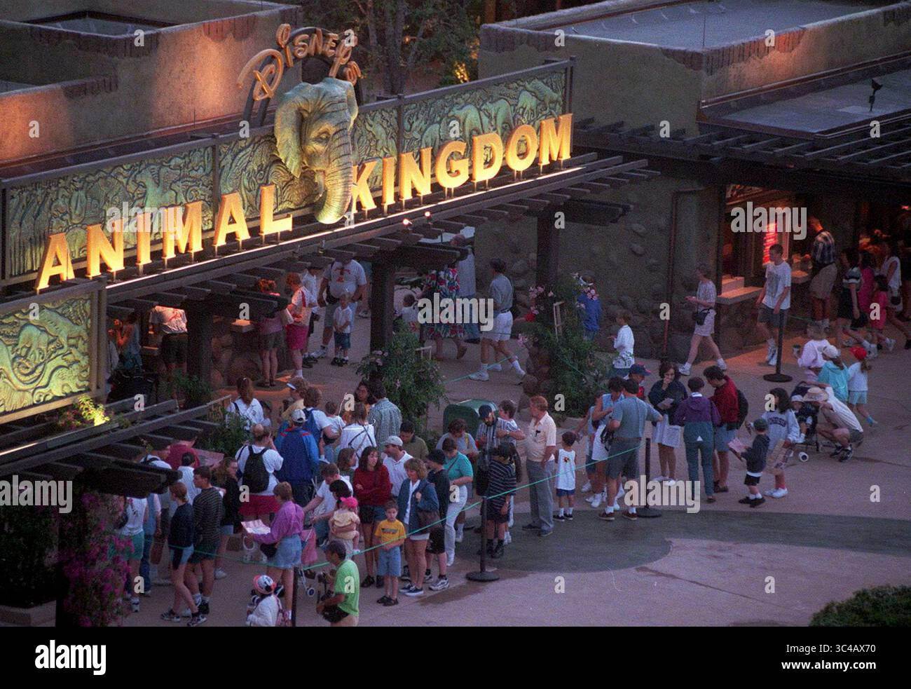 22 aprile 1998 - Orlando, FL, USA - i visitatori del Disney's Animal Kingdom si allineano prima dell'alba per acquistare i biglietti per la grande inaugurazione di mercoledì 22 aprile 1998. Una ballerina Disney che si è esibita nello spettacolo Festival of the Lion King di Animal Kingdom sta accusando l'operatore del parco a tema di licenziarla dopo che è rimasta incinta di gemelli, secondo una recente causa legale. (Immagine di credito: © Joe Burbank/TNS via ZUMA Wire) Foto Stock