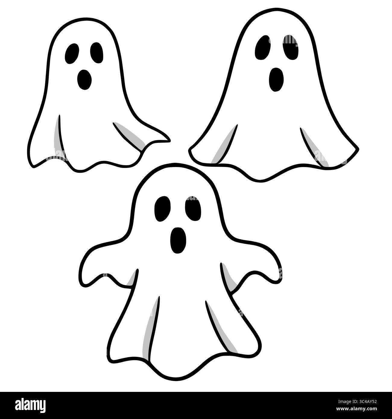 Una divertente illustrazione vettoriale con tre fantasmi cartoni animati con contorni semplici e audaci e un'espressione sorprendente, perfetta per i disegni di Halloween. Illustrazione Vettoriale
