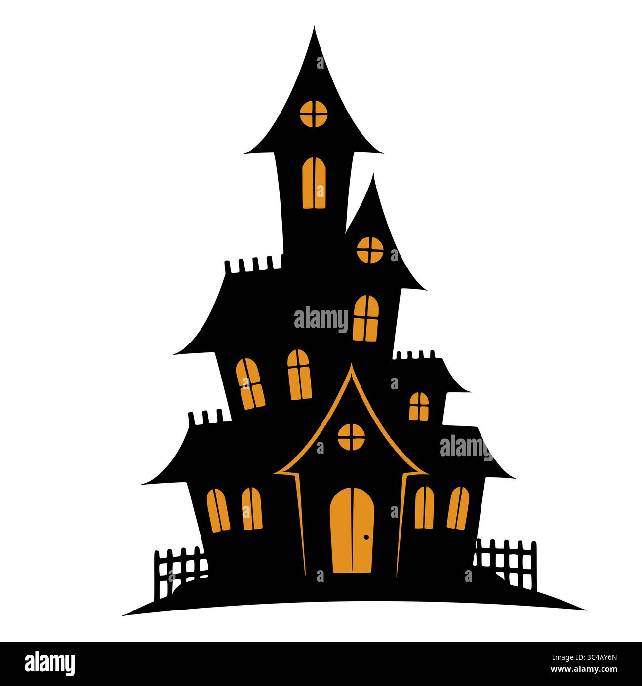 Spaventosa illustrazione vettoriale di Halloween di una casa infestata con finestre arancioni e una piccola recinzione, isolata su sfondo bianco. Illustrazione Vettoriale
