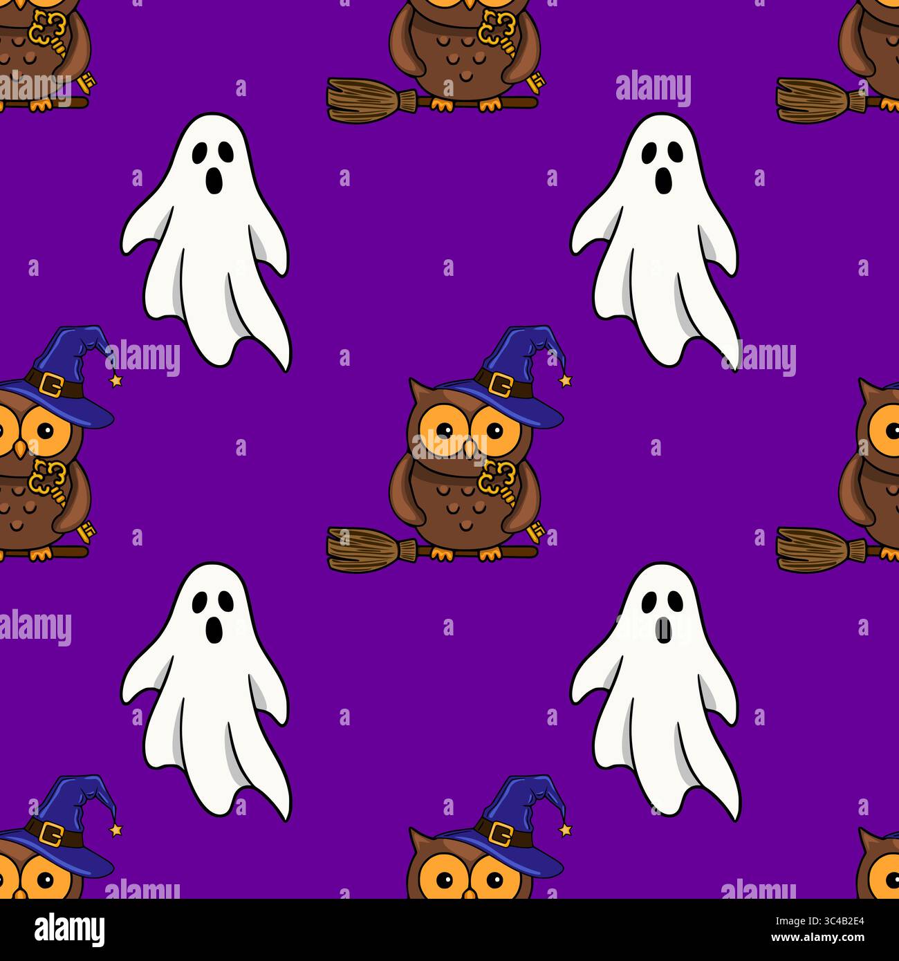 Motivo vettoriale Halloween senza cuciture con gufi carini nei cappelli delle streghe che cavalcano le scopa e simpatici fantasmi su un vivace sfondo viola. Illustrazione Vettoriale