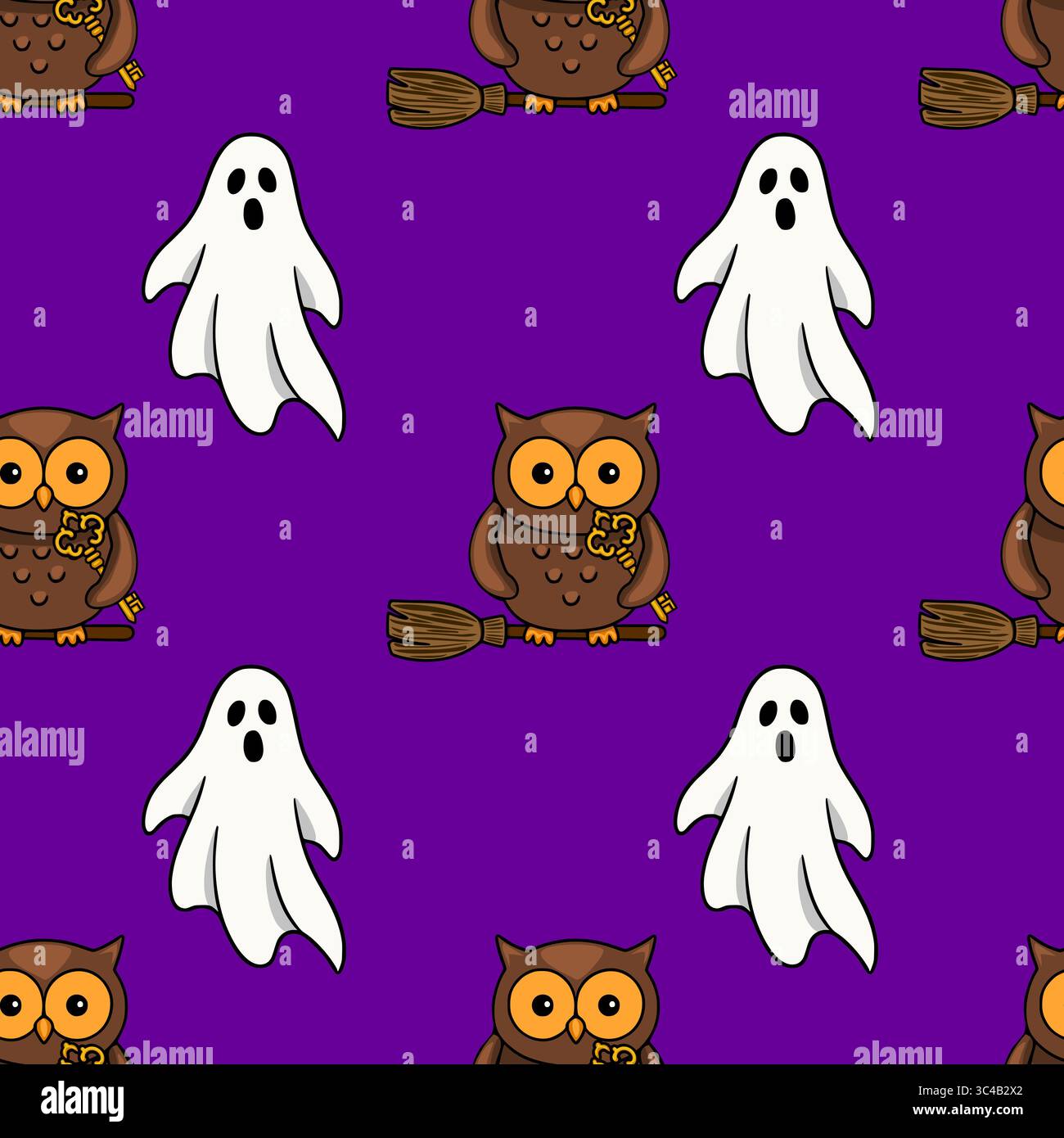 Motivo vettoriale Halloween senza cuciture con graziosi gufi marroni su scopa che reggono chiavi dorate e simpatici fantasmi bianchi su un vivace backgroun viola Illustrazione Vettoriale