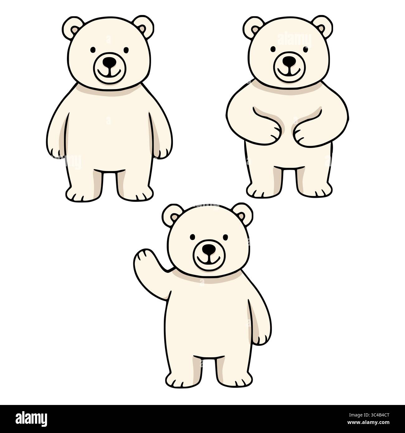 Adorabile illustrazione vettoriale con tre pose uniche di un orso polare cartoni animati, perfetto per libri per bambini, biglietti d'auguri o disegni divertenti. Illustrazione Vettoriale