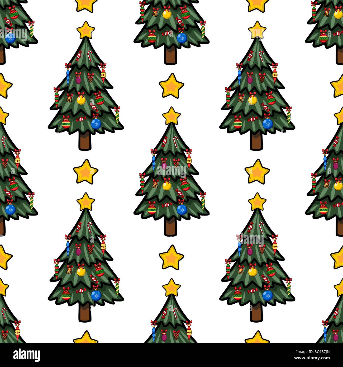 Motivo vettoriale senza cuciture di alberi di Natale stilizzati adornati con ornamenti colorati, canne di caramelle e stelle, creando un holi invernale festoso e gioioso Illustrazione Vettoriale