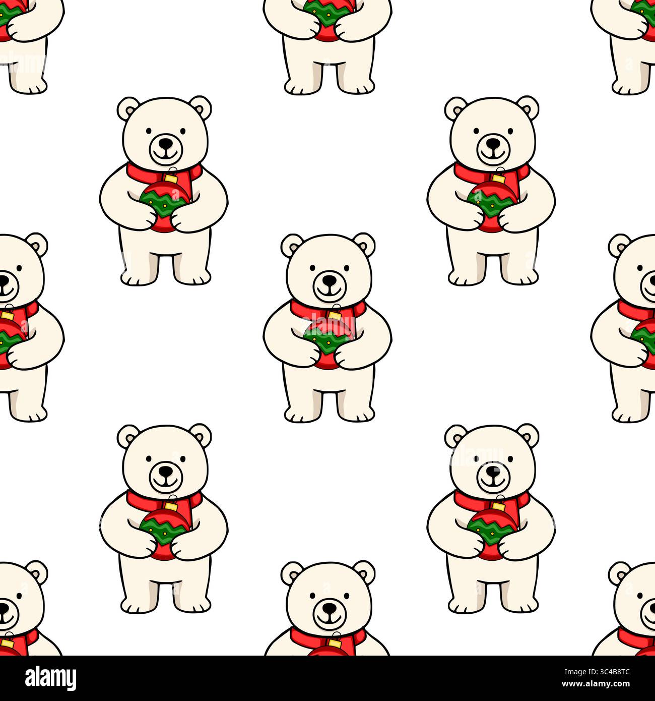 Motivo vettoriale senza cuciture di simpatici orsi polari con sciarpe rosse che reggono gli ornamenti natalizi, perfetto per le feste invernali. Illustrazione Vettoriale