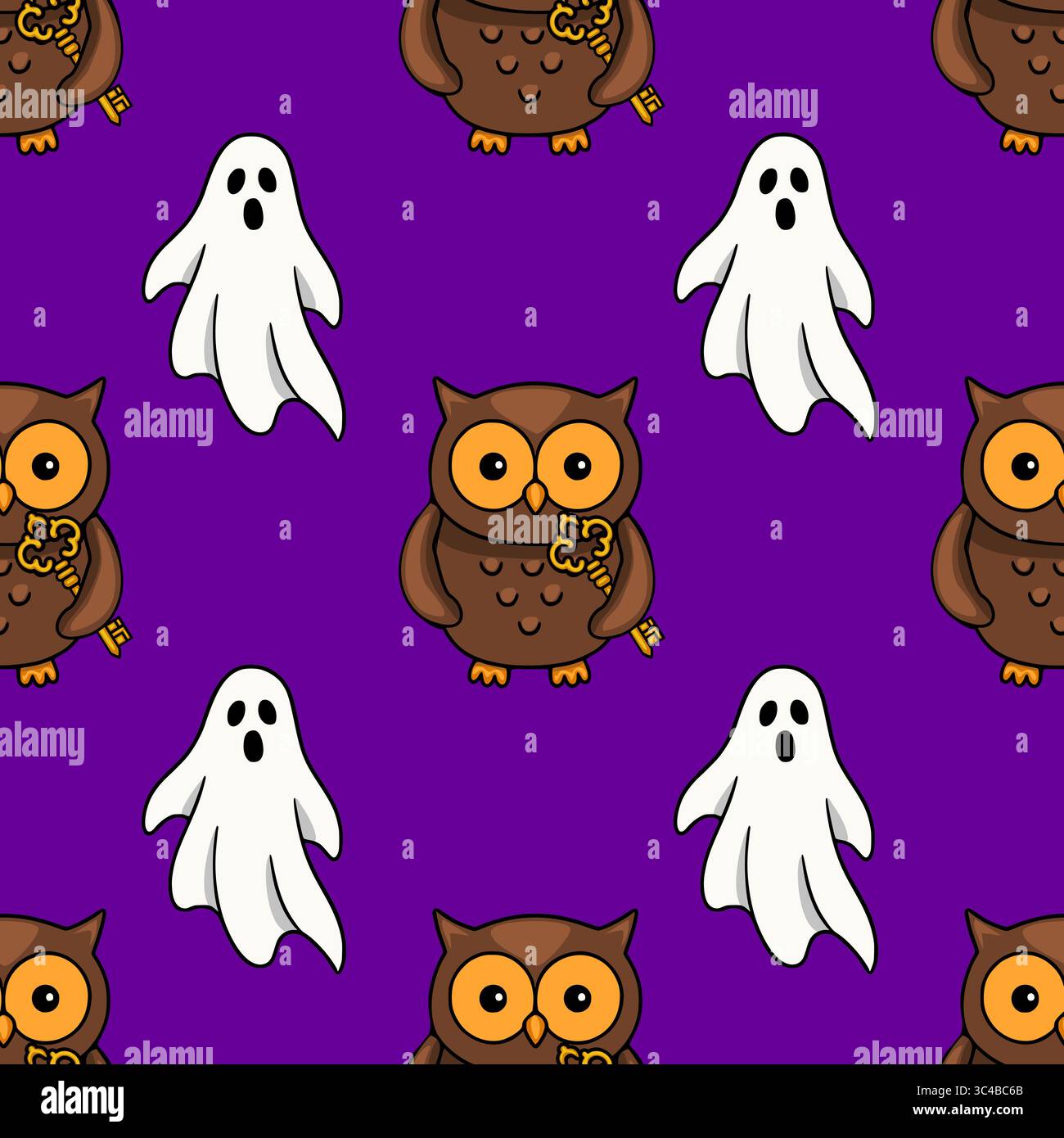Motivo vettoriale Halloween senza cuciture con graziosi gufi marroni che reggono chiavi dorate e simpatici fantasmi bianchi su un vivace sfondo viola, ideale per fe Illustrazione Vettoriale