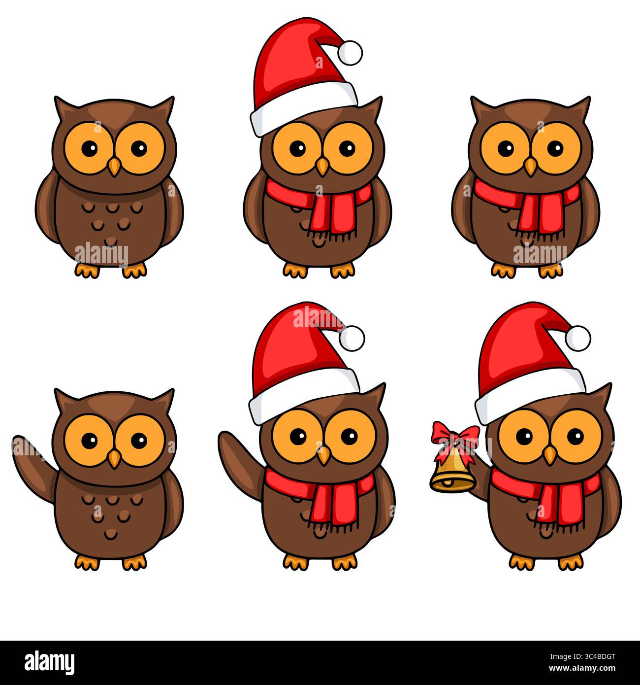 Adorabile illustrazione vettoriale di sei gufi marroni nei cappelli di Babbo Natale e sciarpe rosse, alcune che ondeggiano e una che regge una campana, perfetta per le cartoline di Natale o per l'winte Illustrazione Vettoriale Adorabile illustrazione vettoriale di sei gufi marroni nei cappelli di Babbo Natale e sciarpe rosse, alcune che ondeggiano e una che regge una campana, perfetta per le cartoline di Natale o per l'winte Illustrazione Vettoriale