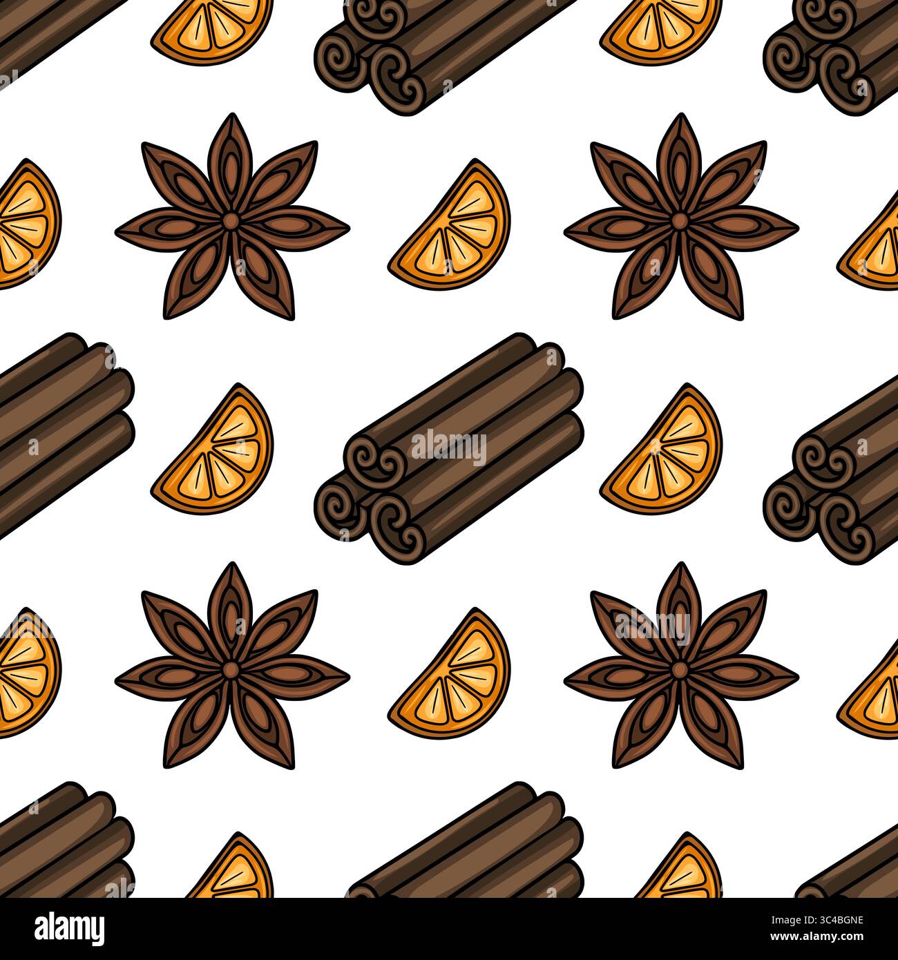 Motivo vettoriale senza cuciture di bastoncini di cannella disegnati a mano, anice stellato e fette di arancio, ideale per le feste invernali e per le confezioni natalizie. Illustrazione Vettoriale