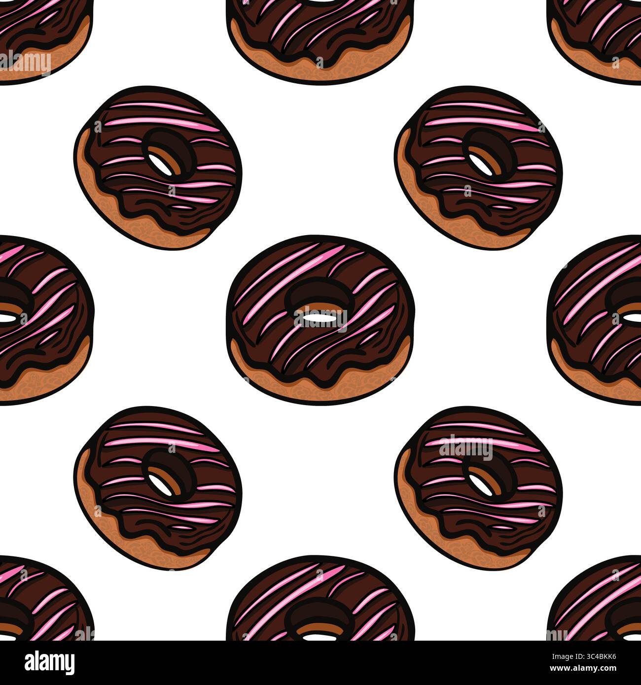 Un motivo vettoriale senza cuciture con ciambelle illustrate con glassa al cioccolato e glassa rosa su sfondo bianco. Le ciambelle sono distanziate uniformemente, cr Illustrazione Vettoriale