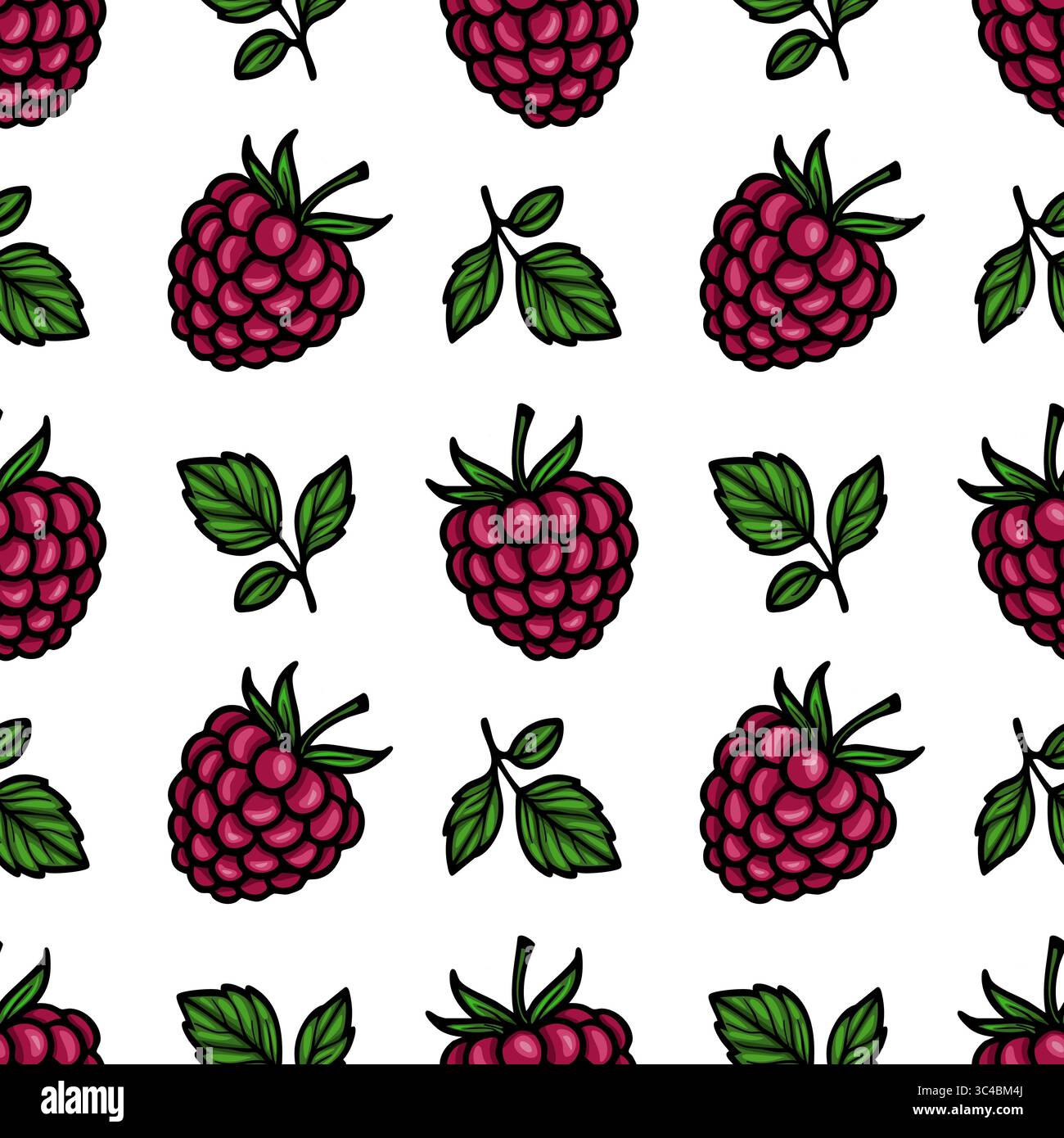 Un motivo vettoriale senza cuciture caratterizzato da lamponi e foglie verdi vivaci su sfondo bianco. Il design mostra il frutto in vari orientamenti Illustrazione Vettoriale