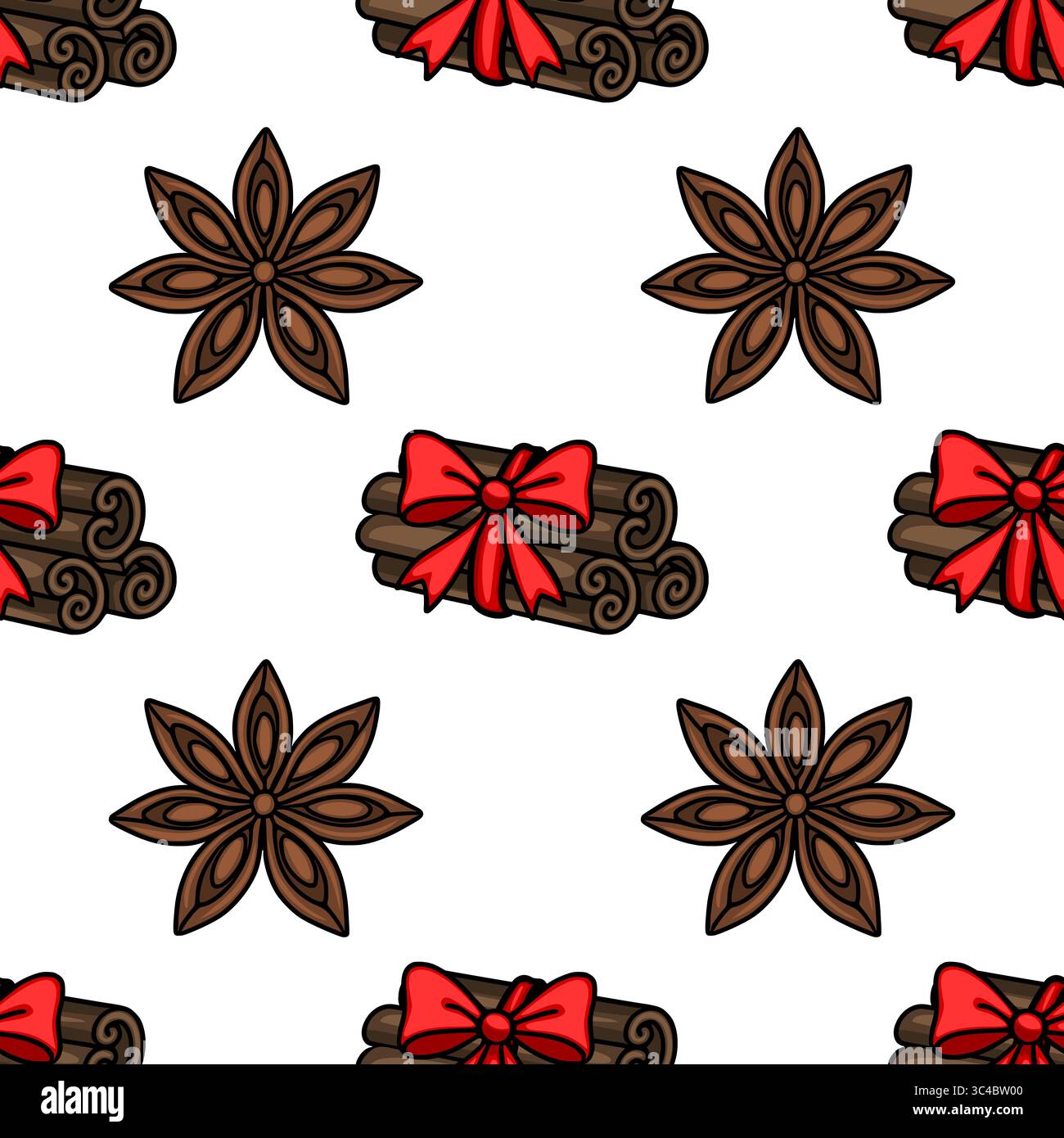 Motivo vettoriale di bastoncini alla cannella senza cuciture natalizie con bocce rosse e anice stellato, ideale per i modelli delle festività invernali Illustrazione Vettoriale