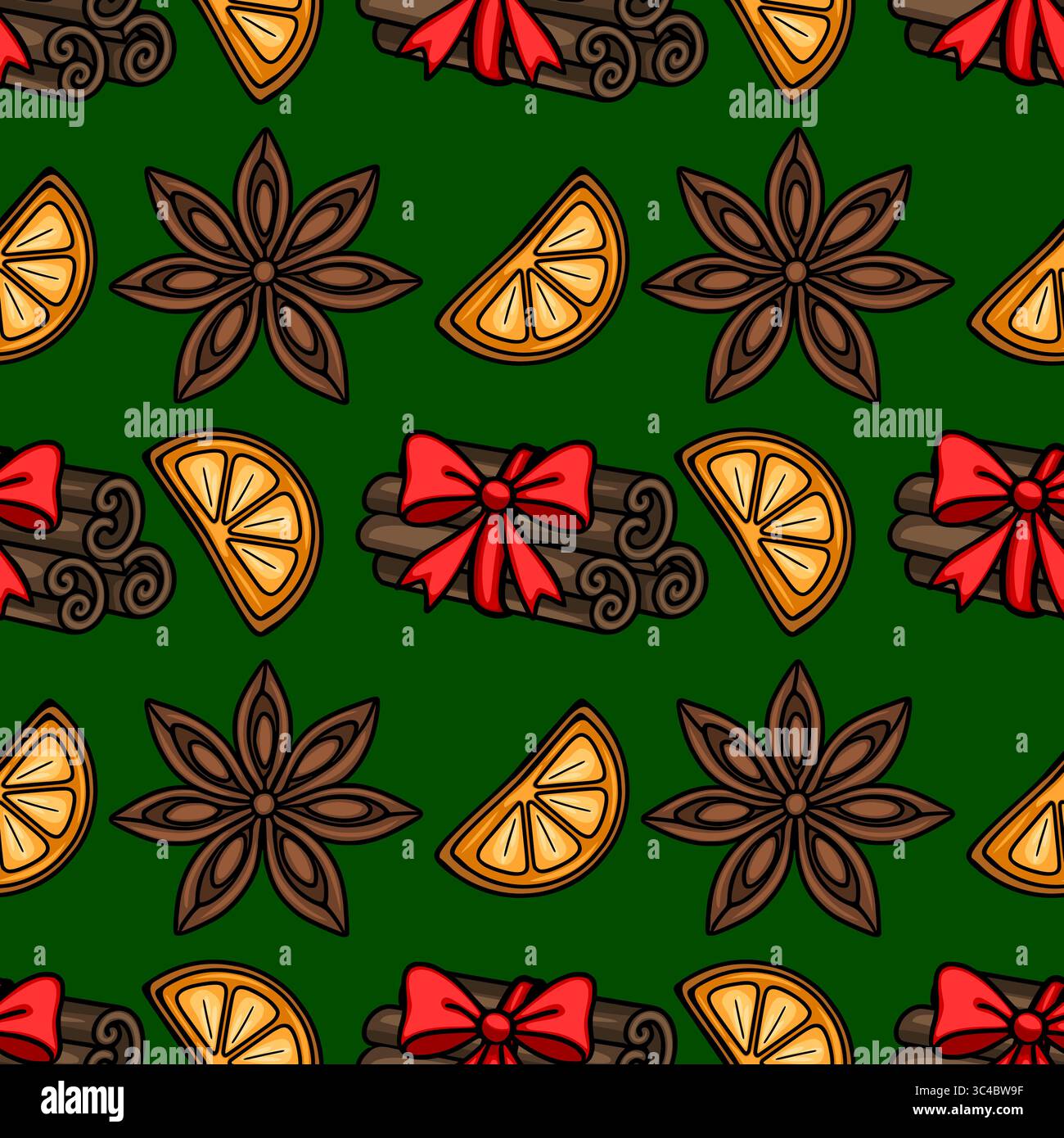 Motivo vettoriale senza cuciture di spezie natalizie: Bastoncini di cannella legati con archi rossi, anice stellato e fette arancioni su sfondo verde intenso, per Illustrazione Vettoriale