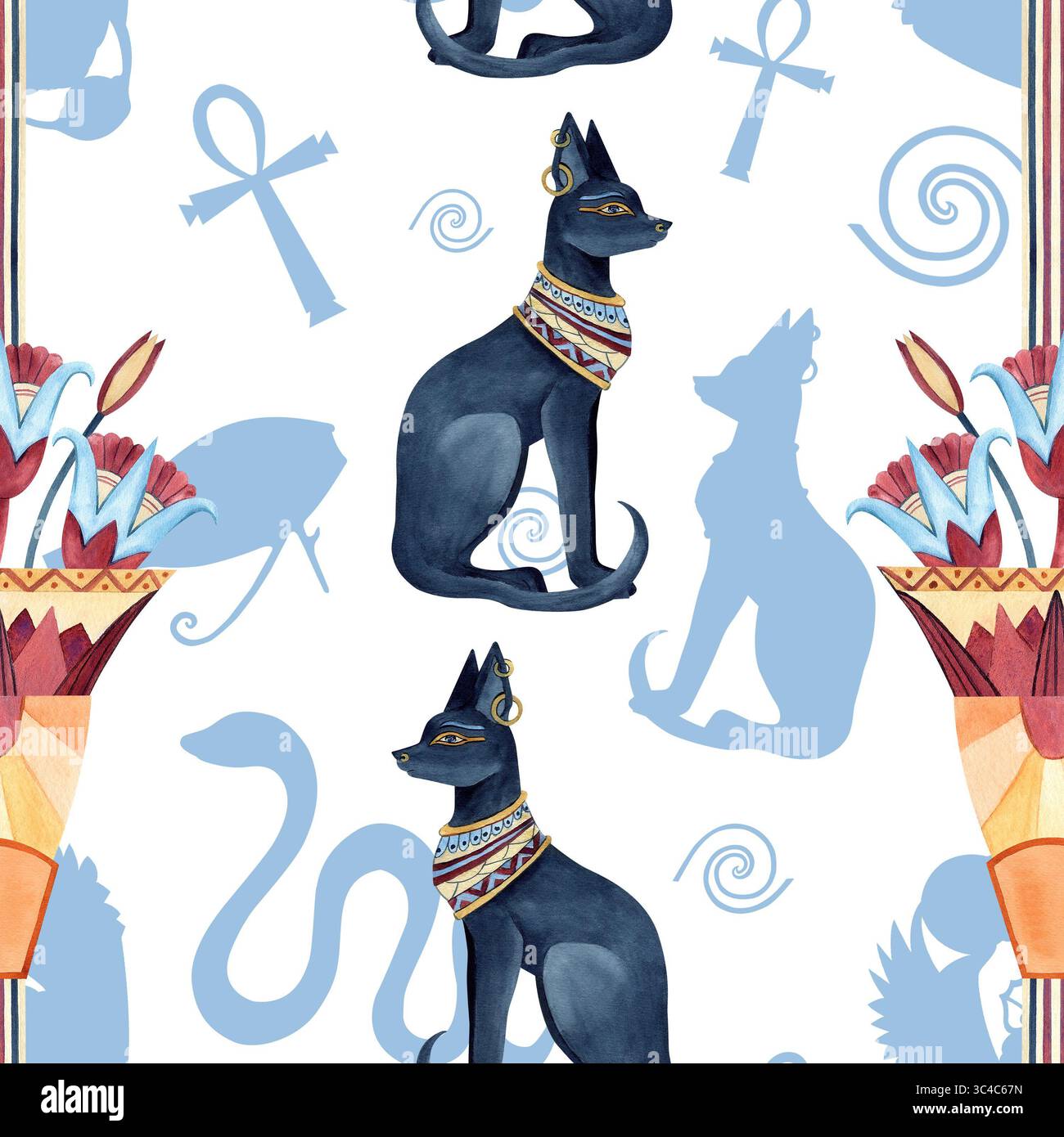 Modello egiziano senza cuciture con Bastet e loto sacro in antico vaso, Ankh. Icona della religione, simbolo. Ombre astratte ornamento. Acquerello Foto Stock