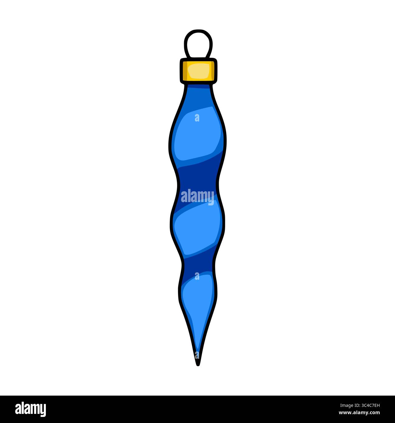 Illustrazione vettoriale di un esclusivo ornamento blu dell'albero di Natale con design a spirale, cappuccio dorato e punta appuntita, perfetto per i disegni natalizi. Illustrazione Vettoriale