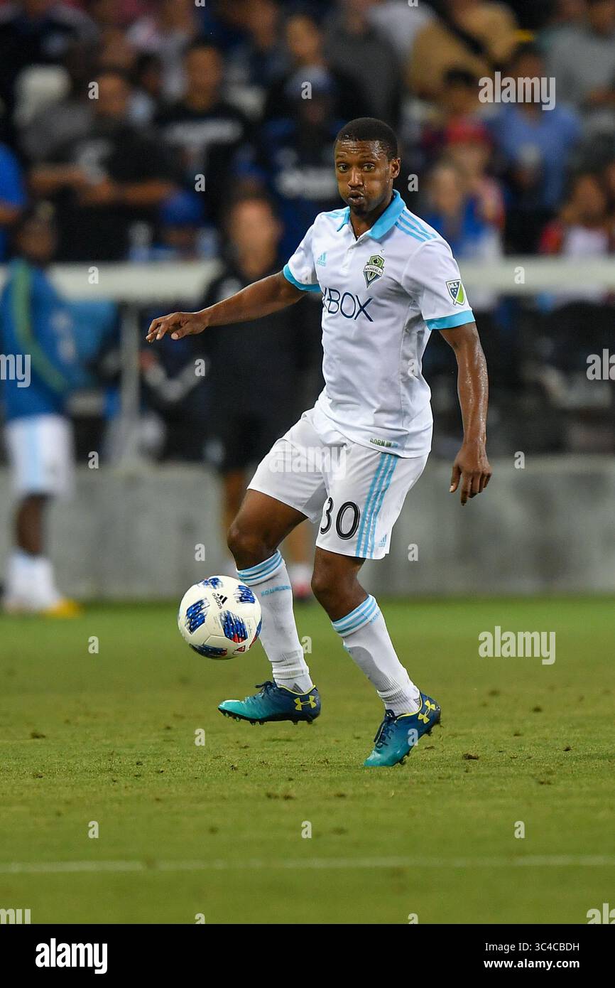25 luglio 2018: Jordan McCrary, difensore dei Seattle Sounders (30), in azione durante la partita MLS tra i Seattle Sounders e i San Jose Earthquakes all'Avaya Stadium di San Jose, California. Chris Brown/CSM(immagine di credito: &Copy; Chris Brown/CSM tramite cavo ZUMA) Foto Stock