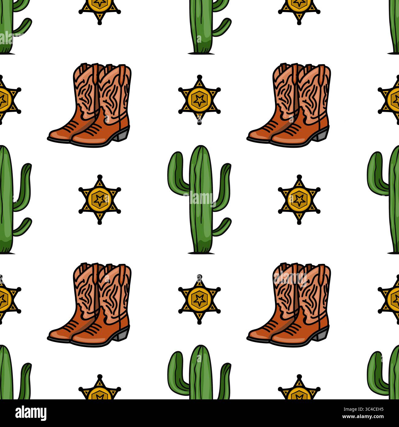 Un motivo vettoriale ripetuto con stivali da cowboy, cactus e stelle dello sceriffo, ideale per i disegni a tema western. Illustrazione Vettoriale