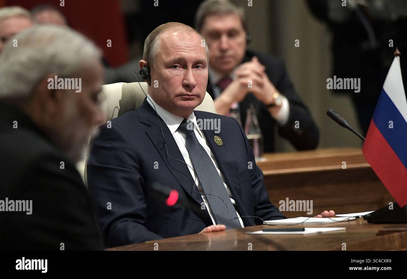 26 luglio 2018 - Johannesburg, Sudafrica - il presidente russo Vladimir Putin durante il primo giorno del vertice BRICS il 26 luglio 2018 a Johannesburg, Sudafrica. (Immagine di credito: © Kremlin Pool/Planet Pix tramite ZUMA Wire) Foto Stock
