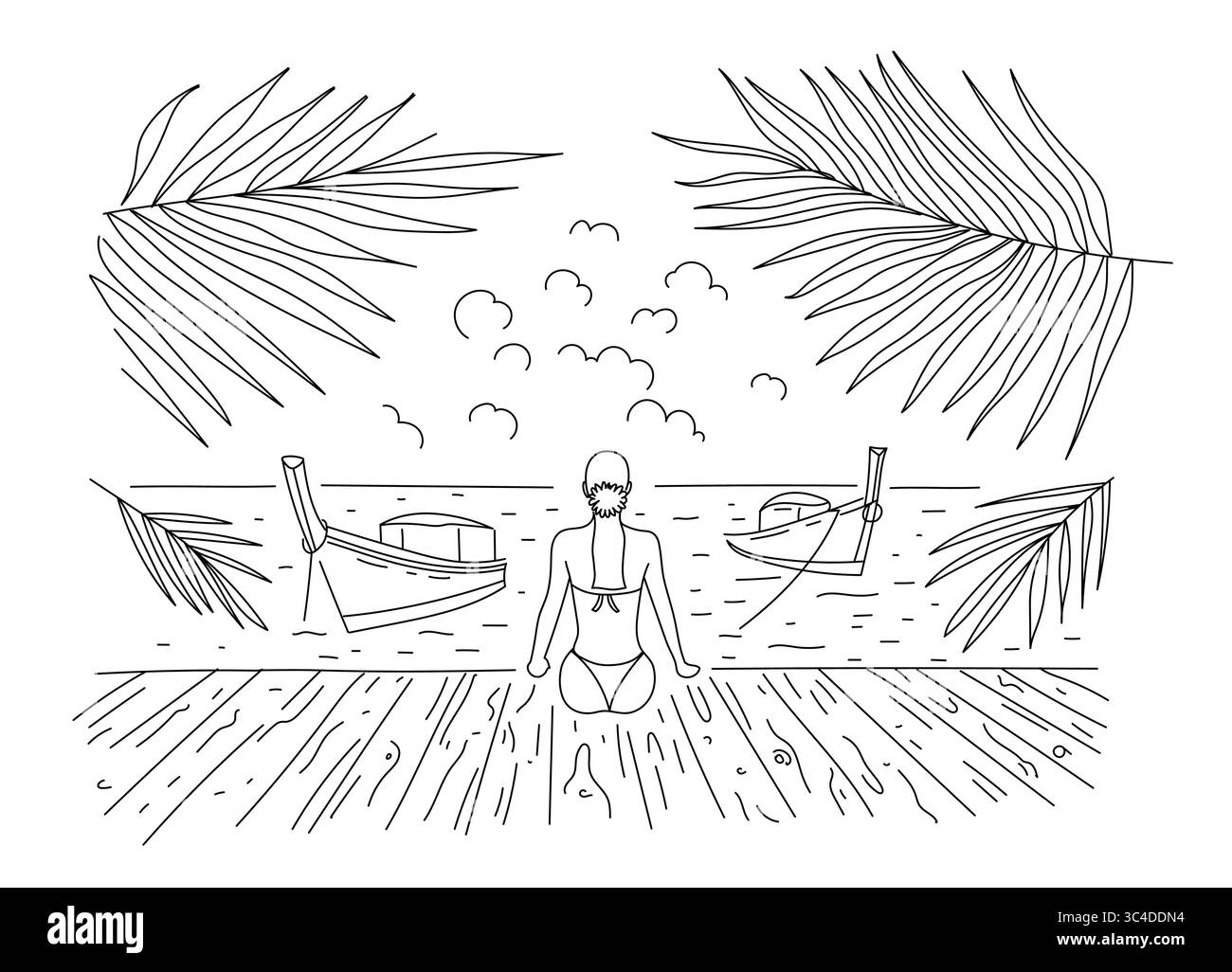 Molo, tropici, estate, mare, palme. Una ragazza in costume da bagno si siede sul molo. Barche sul molo. Orizzonte marino. Illustrazione vettoriale, disegno lineare Illustrazione Vettoriale