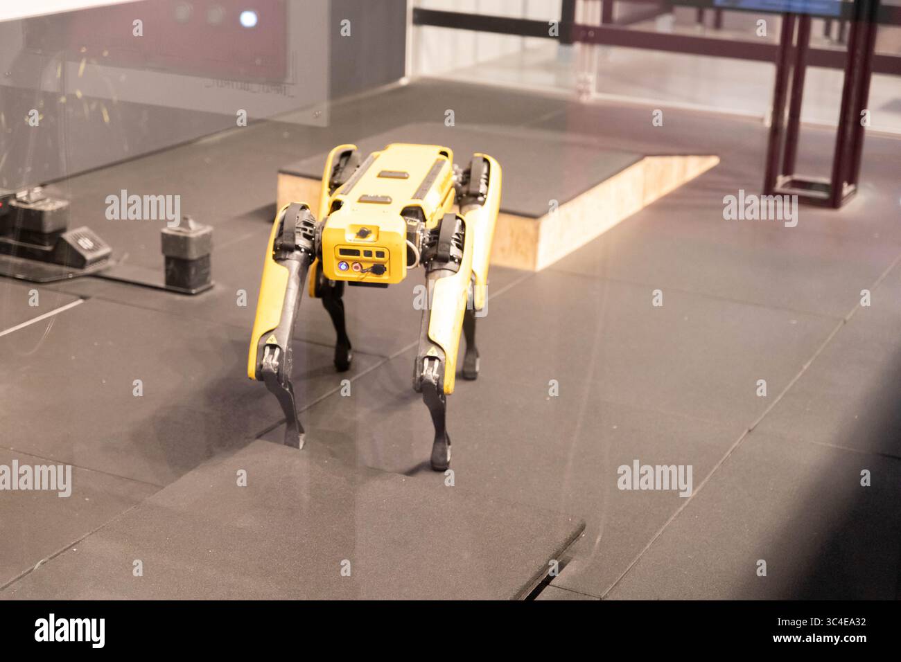 Cane robot giallo, adatto per il rilevamento industriale e il funzionamento a distanza. Punto di protezione mini robot. Torino, Italia - Settembre 2021 Foto Stock