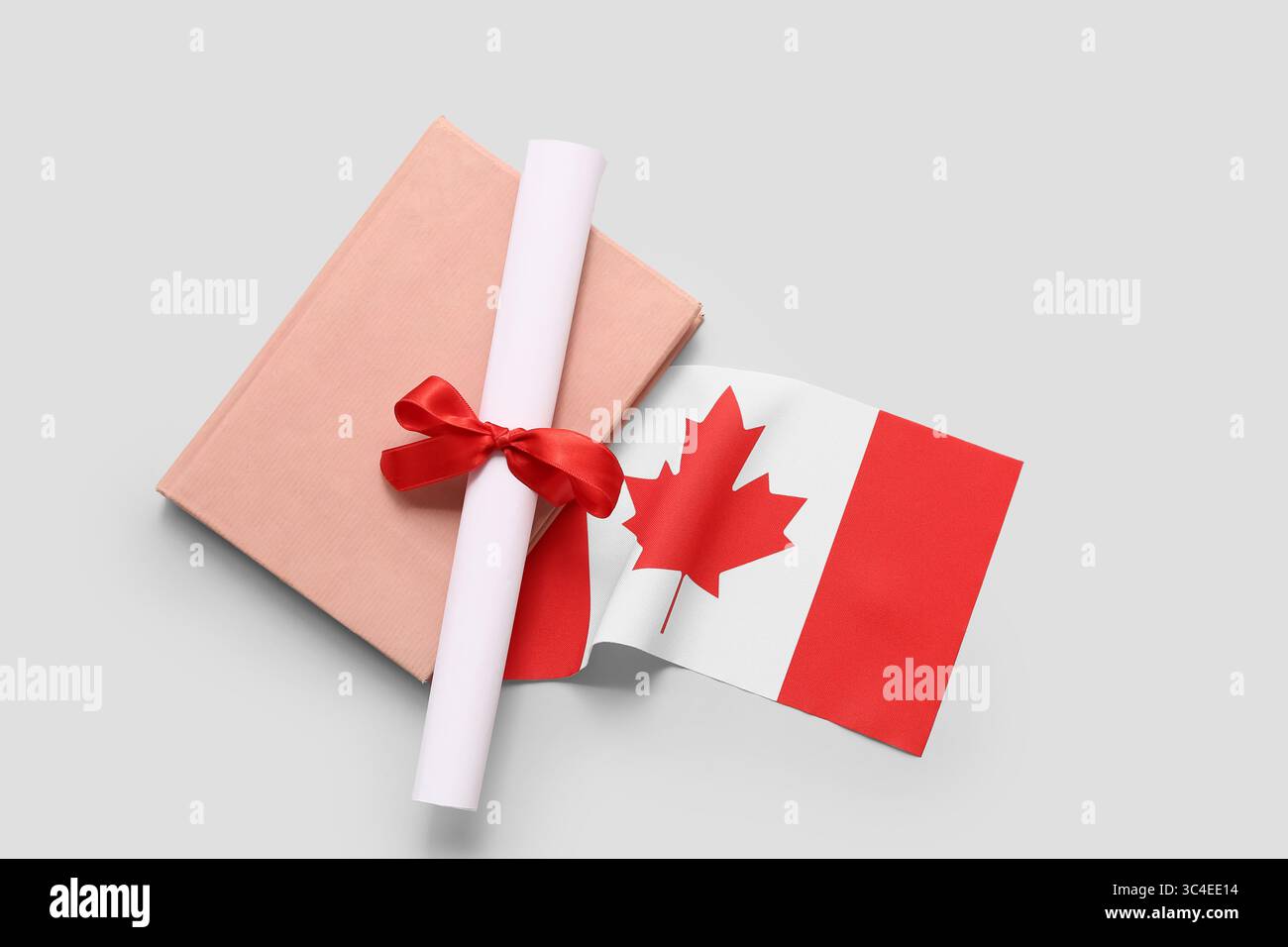 Diploma con nastro rosso, bandiera canadese e libro su sfondo grunge grigio Foto Stock