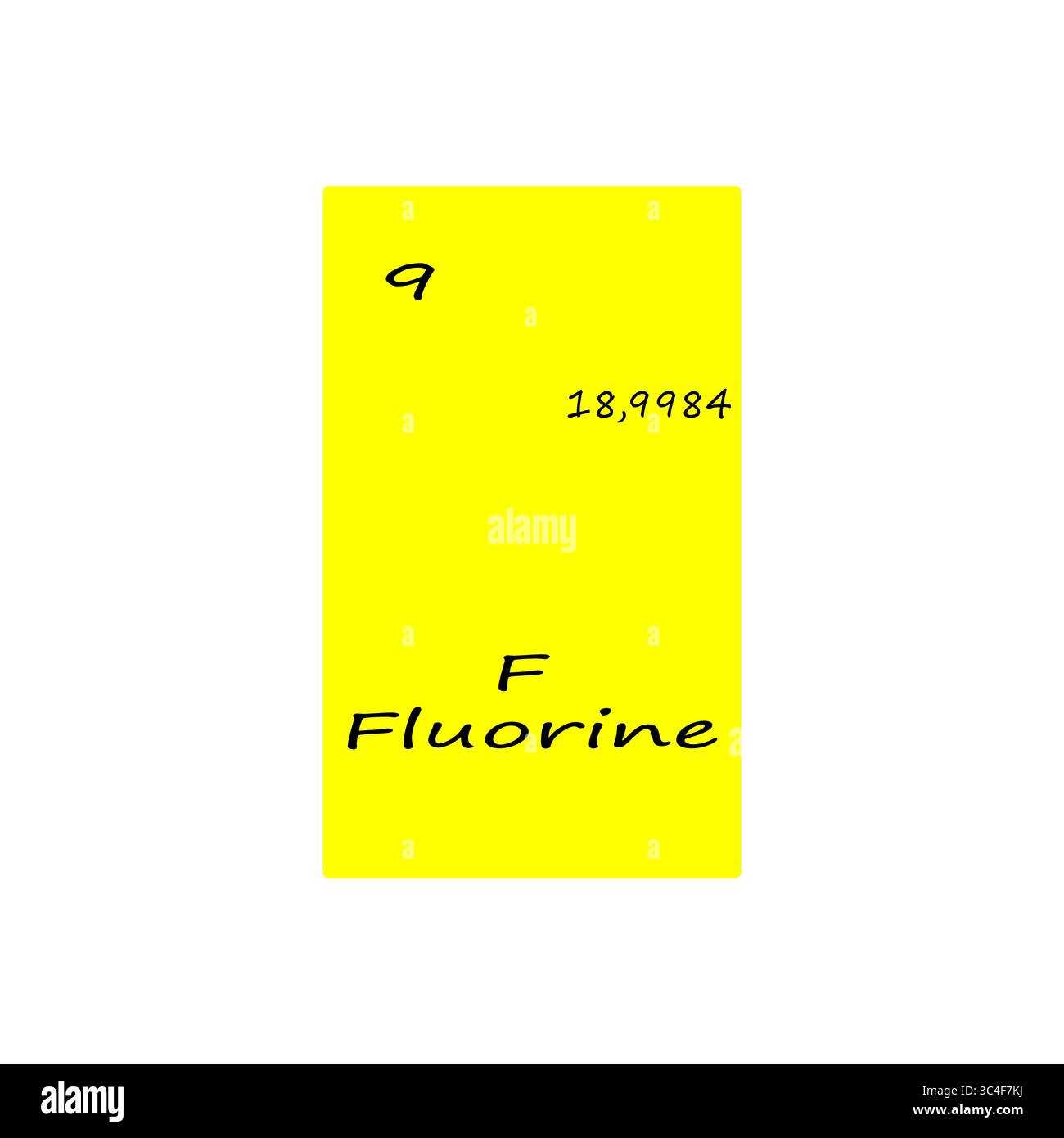 Illustrazione dell'elemento fluoro. Nove numeri atomici. Simbolo chimico F. sfondo vettoriale giallo. Illustrazione Vettoriale