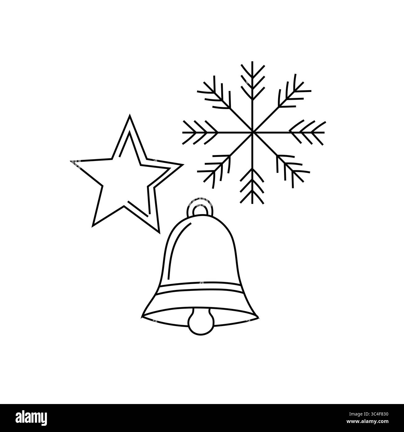 Icona della campana di Natale. Il profilo delle star delle vacanze. Disegno degli elementi natalizi. Simbolo del vettore invernale. Illustrazione Vettoriale