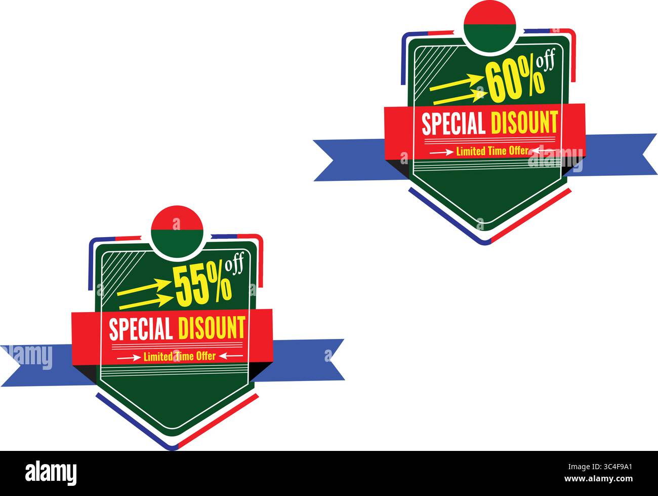 Etichette vettoriali a nastro blu in stile moderno con sconto del 55% e del 60% sulle etichette promozionali in offerta speciale Illustrazione Vettoriale