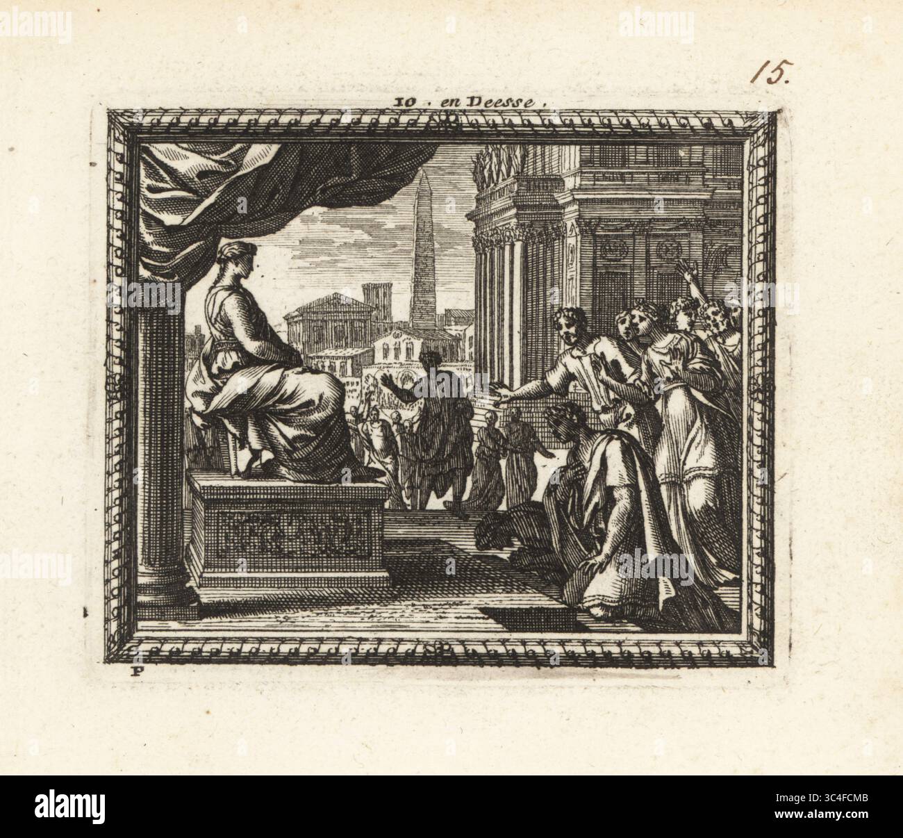 La principessa io deificò. Mortale, fu trasformata in una mucca dopo essere diventata amante di Zeus, poi una dea in forma femminile. Statua della dea Iside mentre era adorata in Egitto. Io en Deesse. Incisione Copperplate da Metamorphoses d’Ovide en rondeaux, Metamorphoses di Ovidio, chez Audran, Parigi, 1676. Foto Stock