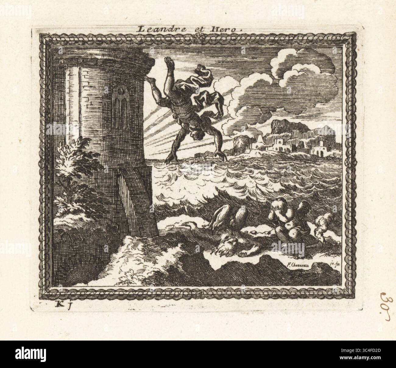 Eroe saltando fino alla sua morte dopo la perdita di Leander. Hero, una sacerdotessa vergine di Afrodite che viveva in una torre a Sestos, fu sedotto da Leandro, un giovane di Abydos. Quando Leander annegò nell'Ellesponto, Hero si suicida saltando dalla torre. Un putto piange vicino al corpo. Leandre et Hero. Incisione Copperplate di Francois Chauveau da Metamorphoses d’Ovide en rondeaux, Metamorphoses di Ovidio, chez Audran, Parigi, 1676. Foto Stock
