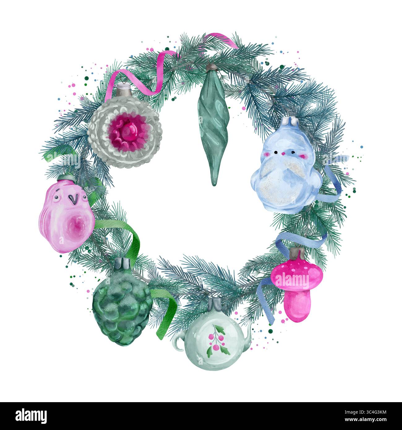 Una corona di Capodanno fatta di rami verdi di abete rosso, decorata con antichi giocattoli sull'albero di Natale e un serpentino multicolore. Composizione acquerello su sfondo bianco. Decorazioni natalizie per cartoline e poster. Foto Stock