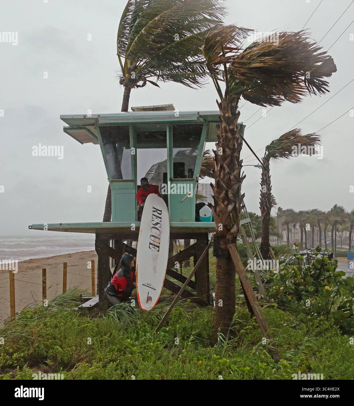 3 settembre 2018 - Dania Beach, FL, USA - Dania Beach Ocean Rescue Alice Henley e Dillon Wise. Si proteggono la tavola da surf mentre Tropical Storm Gordon passa dal sud della Florida con raffiche di vento e forti precipitazioni per la festa del Labor Day di lunedì 3 settembre 2018. (Immagine di credito: © David Santiago/Miami Herald/TNS via ZUMA Wire) Foto Stock