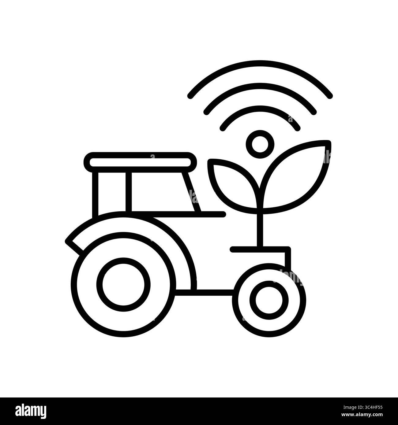 Illustrare l'illustrazione di un trattore con un simbolo Wi-Fi e una pianta in crescita, che rappresenta la moderna tecnologia agricola e il pra per un'agricoltura sostenibile Illustrazione Vettoriale
