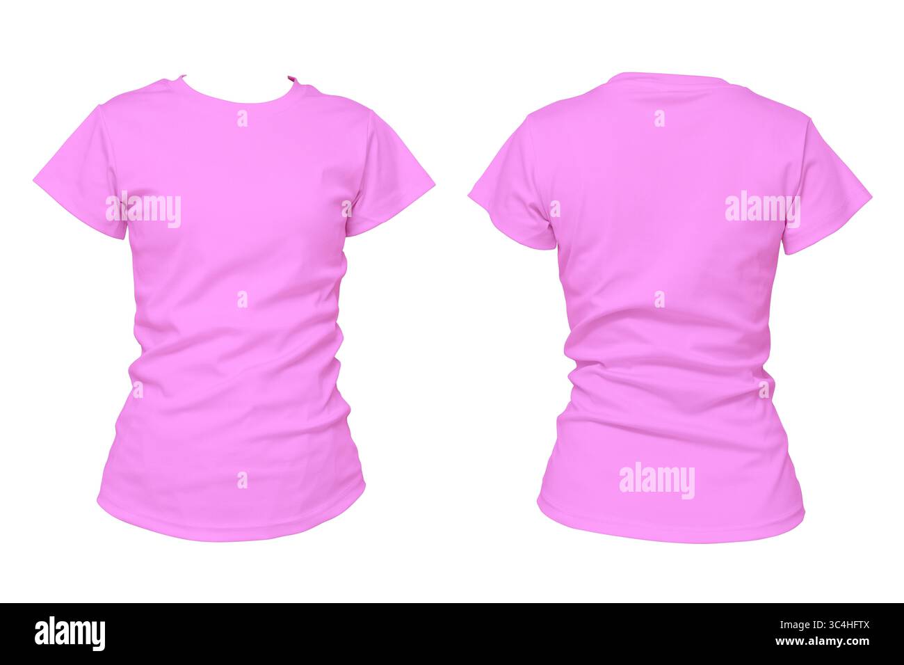 Vista anteriore e posteriore di una t-shirt rosa semplice su sfondo bianco. Modello di camicia per mockup vuoto per il design di abbigliamento, il branding o la presentazione di moda. H Foto Stock
