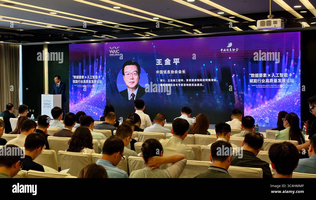 Forum professionale della WAIC World Artificial Intelligence Conference 2022: Wang Jinping, presidente della China Information Association, ha tenuto un discorso al Forum "Data Elements x Artificial Intelligence +" Empowering High-Quality Industry Development, Shanghai, Cina, il 28 luglio 2025. Foto Stock