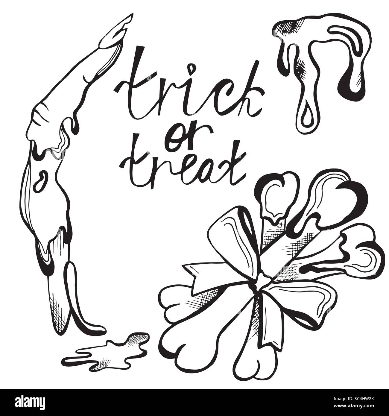 Icone vettoriali disegnate a mano senza sfondo, tema Halloween. Gelato sotto forma di dito di una donna e caramelle sotto forma di ossa. Illustrazione Vettoriale