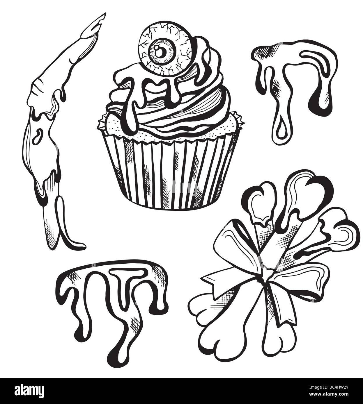 I tradizionali dolci e cupcake di Halloween vettoriali. Spuntini spaventosi disegnati a mano, senza sfondo. Illustrazione Vettoriale