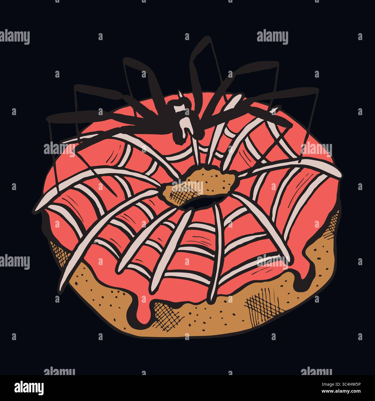 Illustrazione vettoriale disegnata a mano della ciambella di Halloween, con motivo ragnatela e ragno sulla parte superiore, su sfondo scuro. Illustrazione Vettoriale